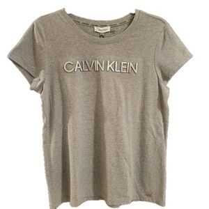 Calvin Klein Womens T-Shirt Gray Short Sleeve Raised Logo  Sz M NWT Preppy